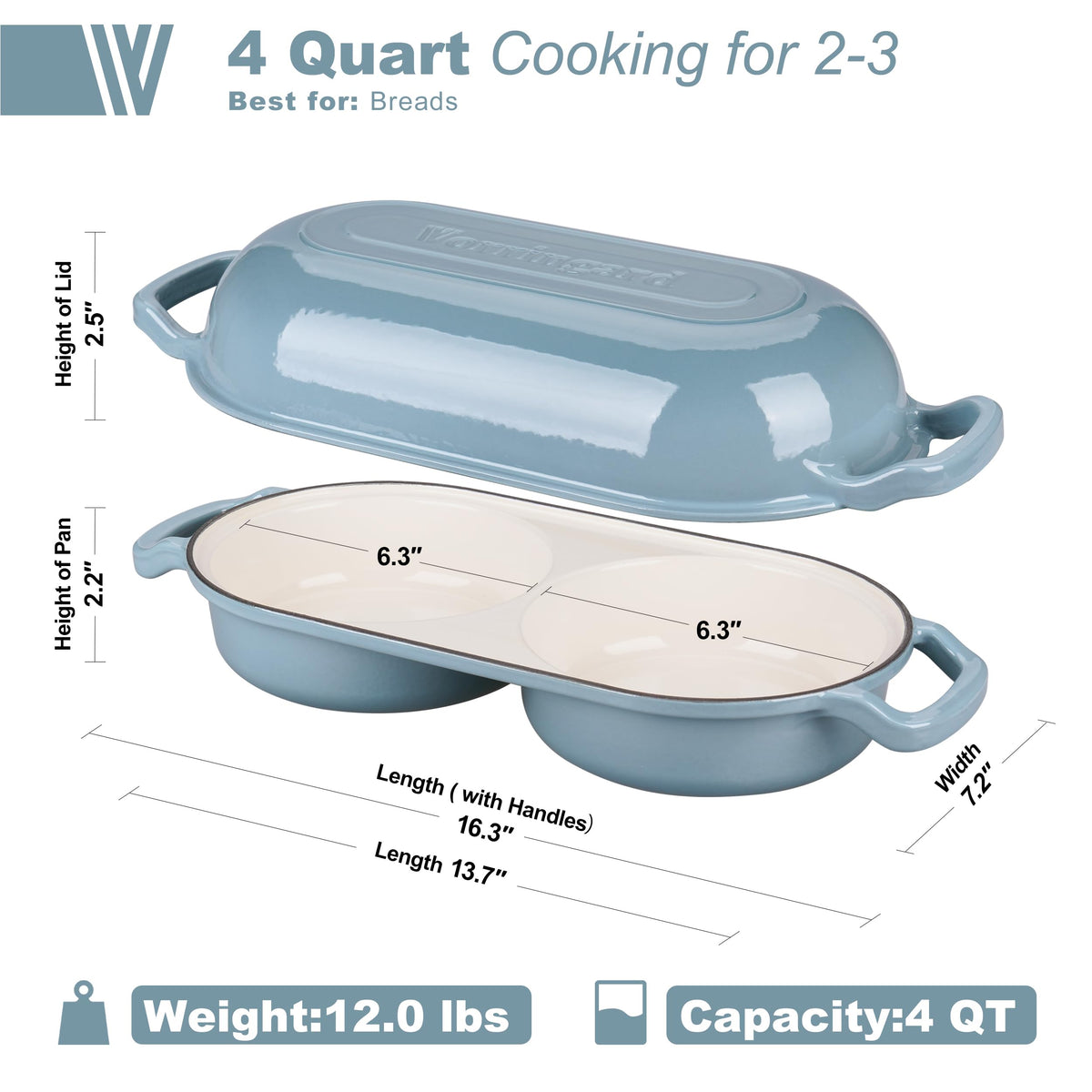 Enameled Cast Iron Double Dutch Oven with Lid, Dual Round Loaf Pan, Bread pan made Sourdough Bread Baking, Sea salt