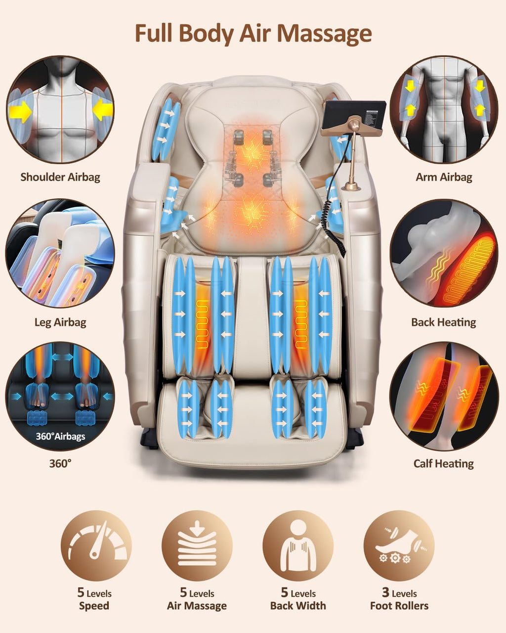 Massage Chair Full Body with Body Scan, Zero Gravity, SL-Track, Cream | 20 Modes Shiatsu Massage Chair Built-in Heat