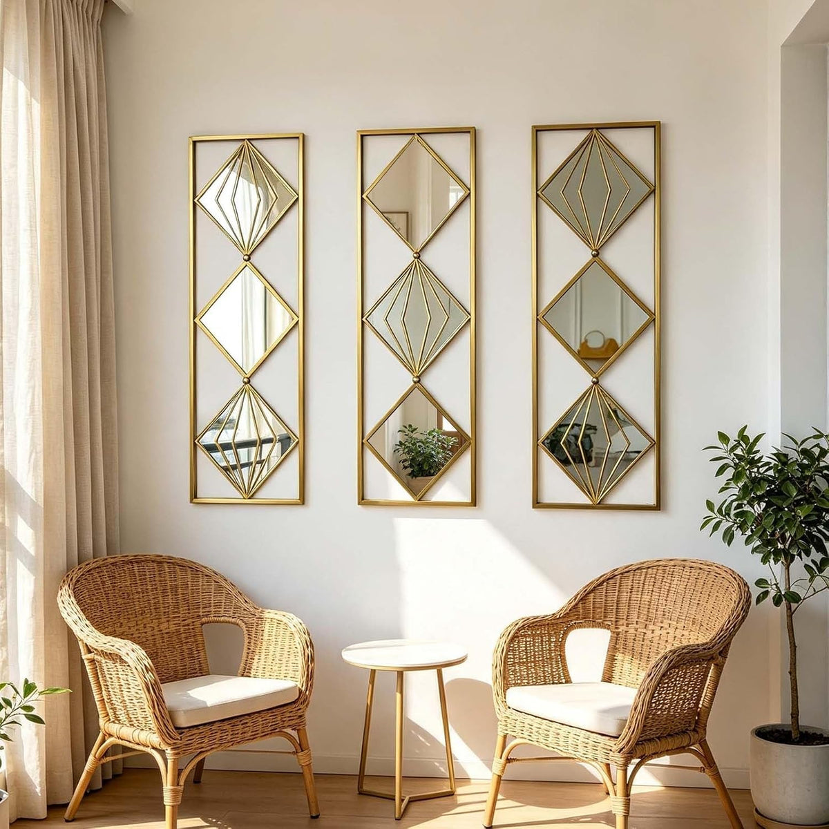 Set of 3 Gold Wall Mirrors, Large Geometric Decorative Mirrors with Metal Frames, Diamond Pattern Wall Mirror Decor