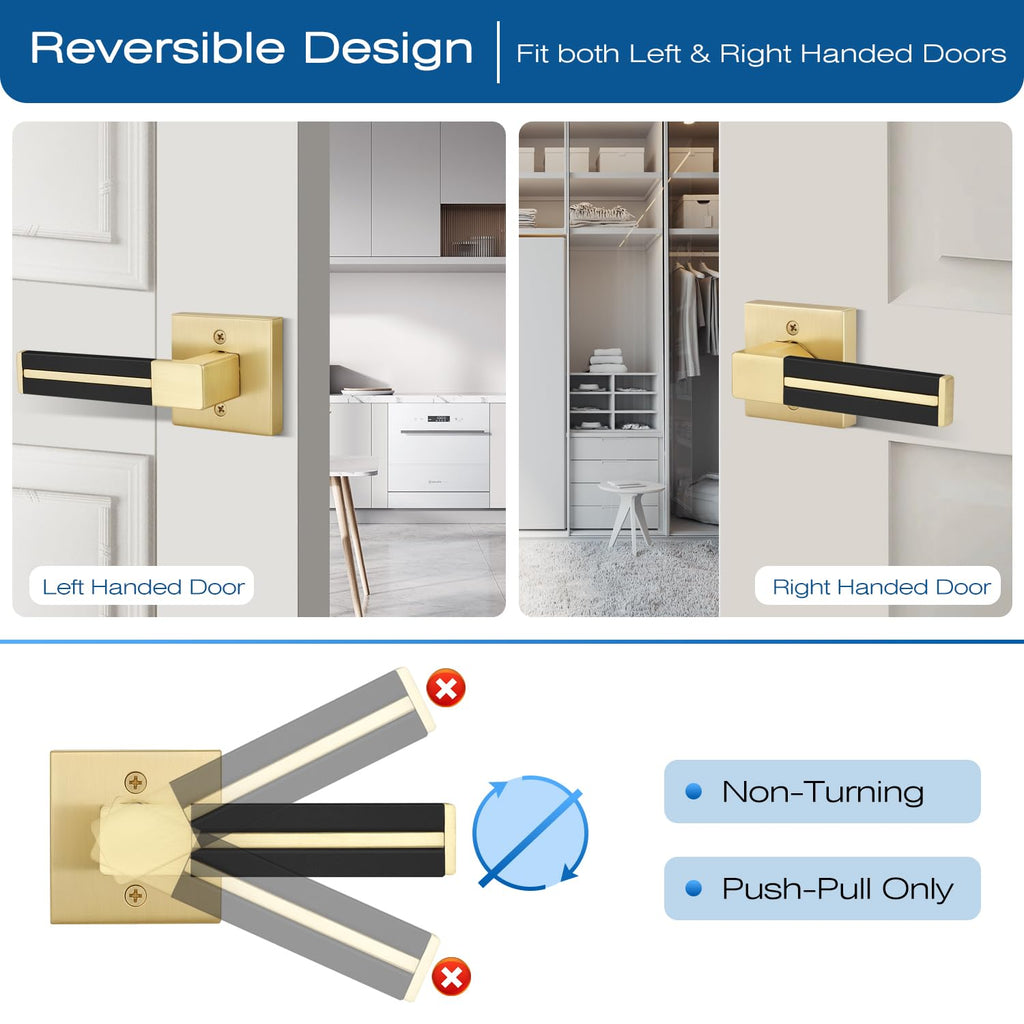 3 Pcs Gold Dummy Door Handles with Black Leather, Satin Brass