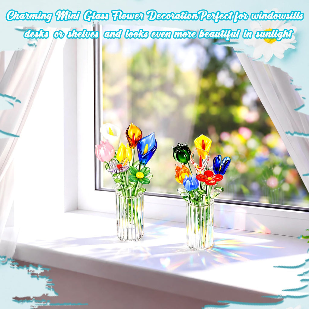 14 Pcs Mini Glass Flower Leave with Stems and 2 Vase Set, Style 2