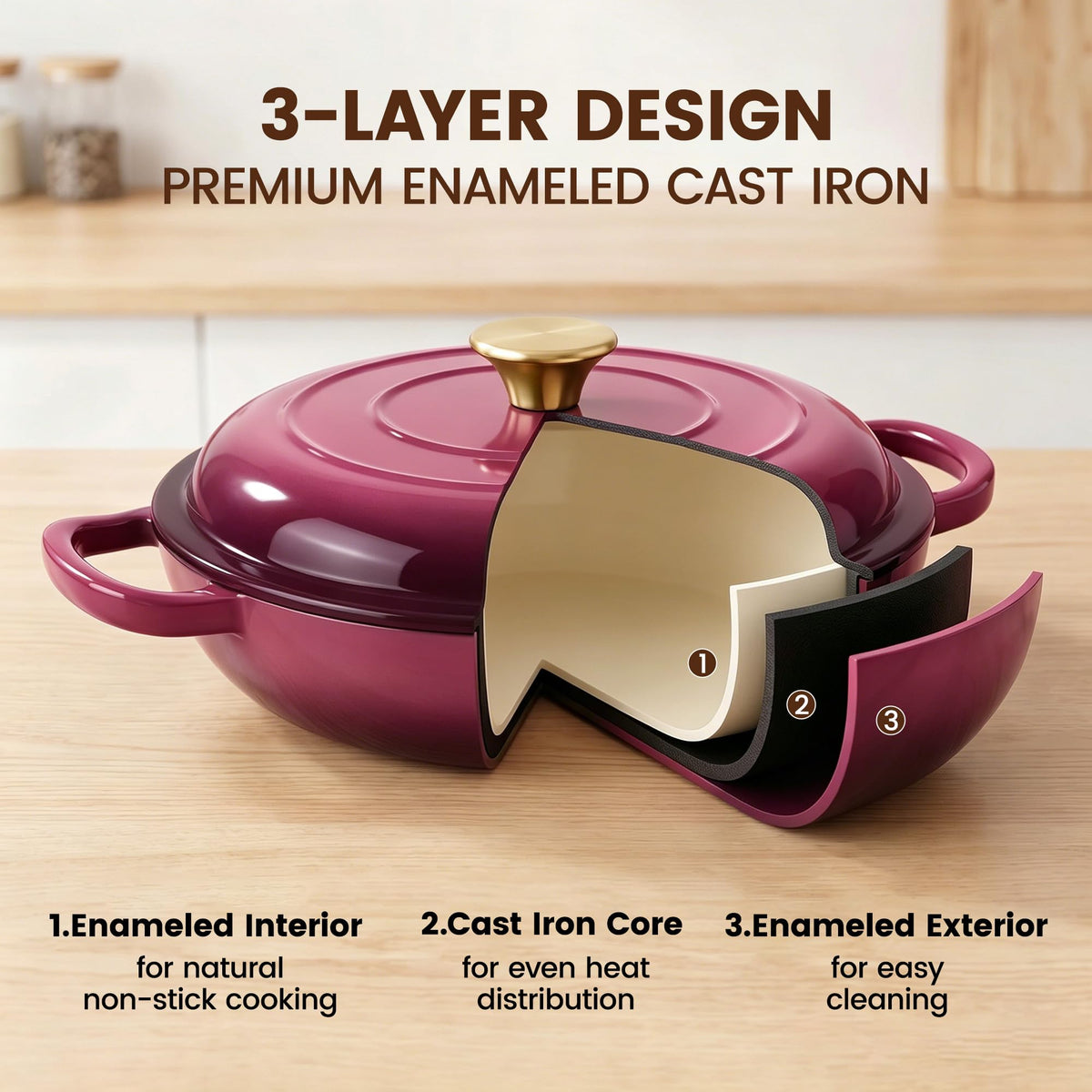 Vintage Style 3 Quart Enameled Cast Iron Braiser, Non Stick Enameled Cast Iron Skillet with Lid, Dutch Oven Skillet