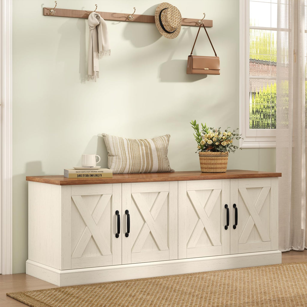 47.2" Shoe Storage Bench, Farmhouse Entryway Bench with 4 Doors & Adjustable Shelves, Shoe Bench, Hallyway, Bedroom