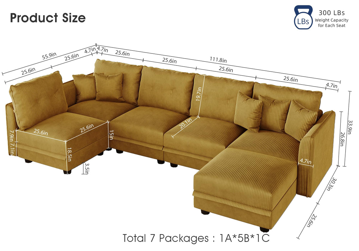 Modular Sectional Sleeper Sofa with Storage, U Shaped 6-Seat Corduroy Couch with 5 Throw Pillows, Convertible Sofa