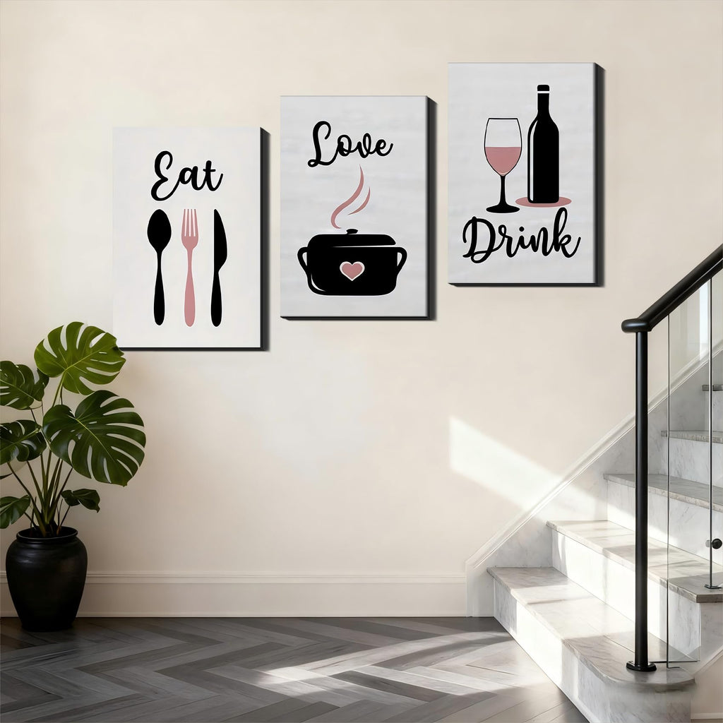 3 Piece Big Wall Art - Eat Love Drink Kitchen Decor, Dining Utensil/Wine Prints, Oversize Wall Art Adding Charm to