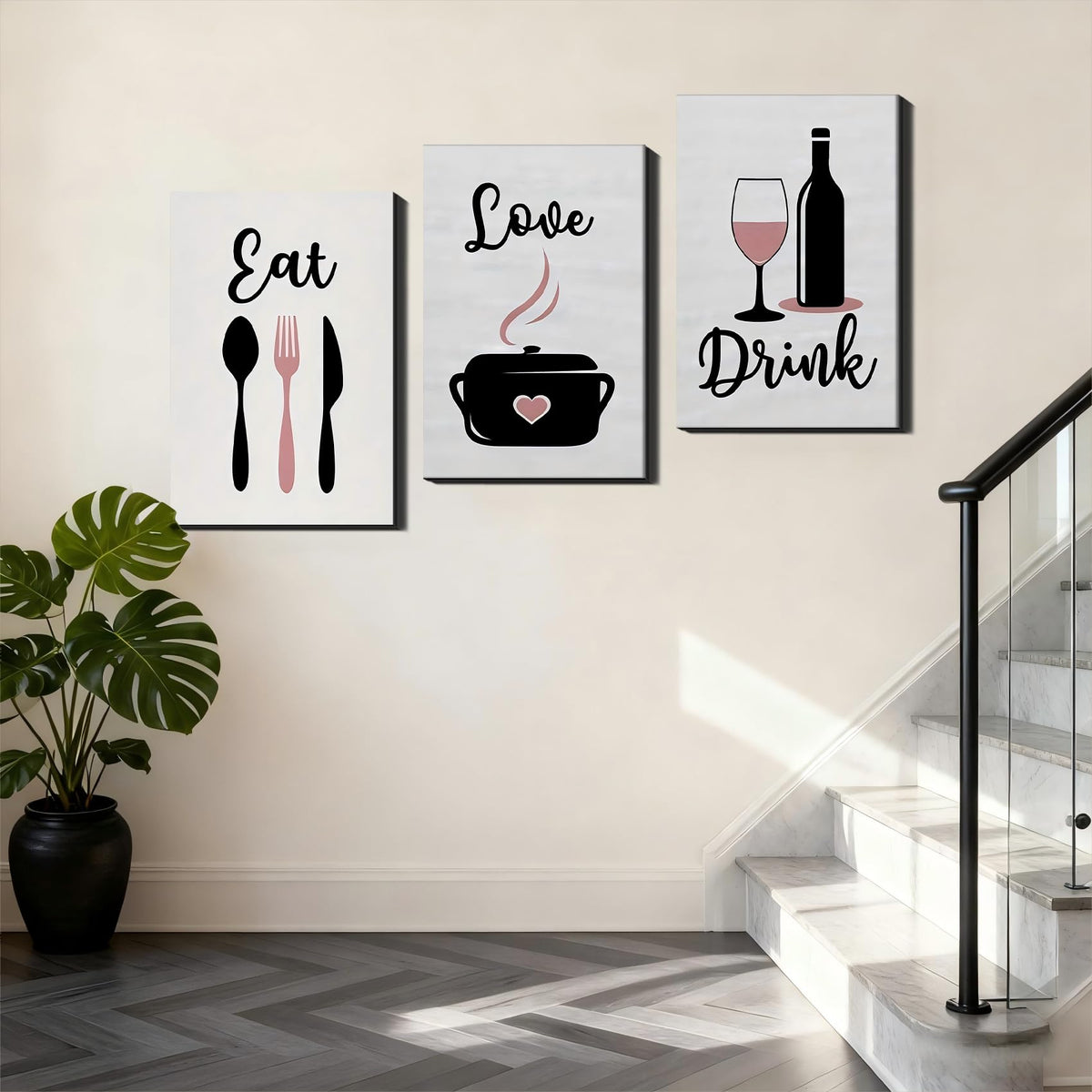 3 Piece Big Wall Art - Eat Love Drink Kitchen Decor, Dining Utensil/Wine Prints, Oversize Wall Art Adding Charm to