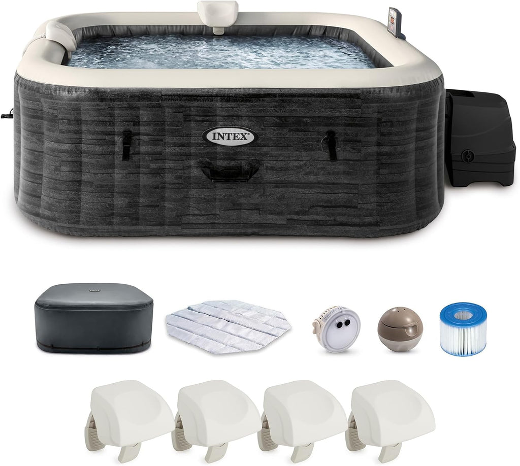 PureSpa 6 Person Inflatable Hot Tub with Energy-Efficient Spa Cover | 28451EP Greystone Deluxe: Built-in Hard Water