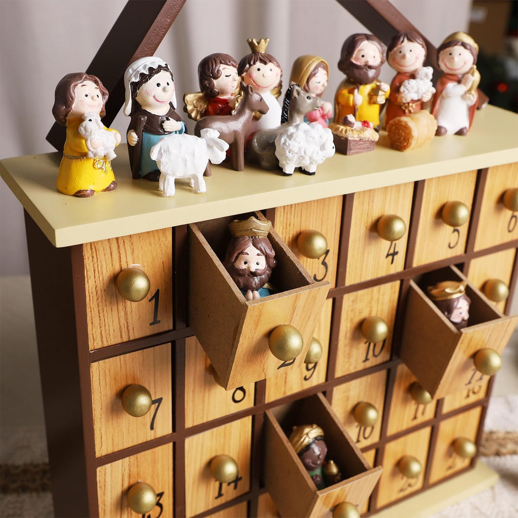 Nativity Advent Calendar, Countdown to Christmas Advent Calendar with 24 Pieces Figures & 24 Drawers, Christian