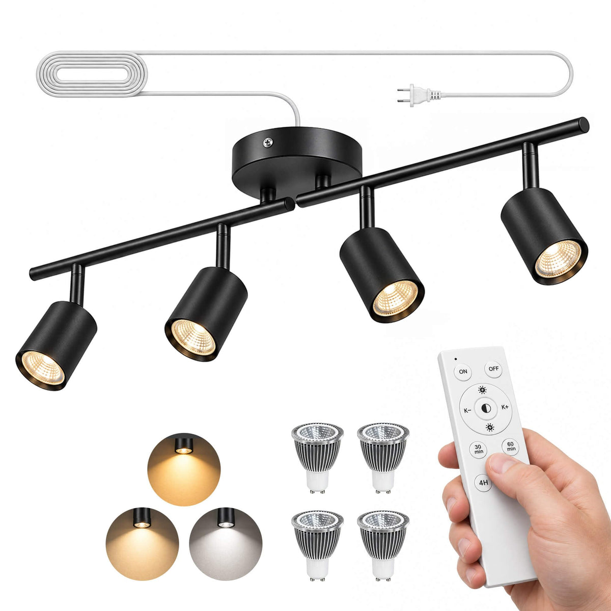Plug-in Track Lighting Kit, Ceiling Spotlight, Black