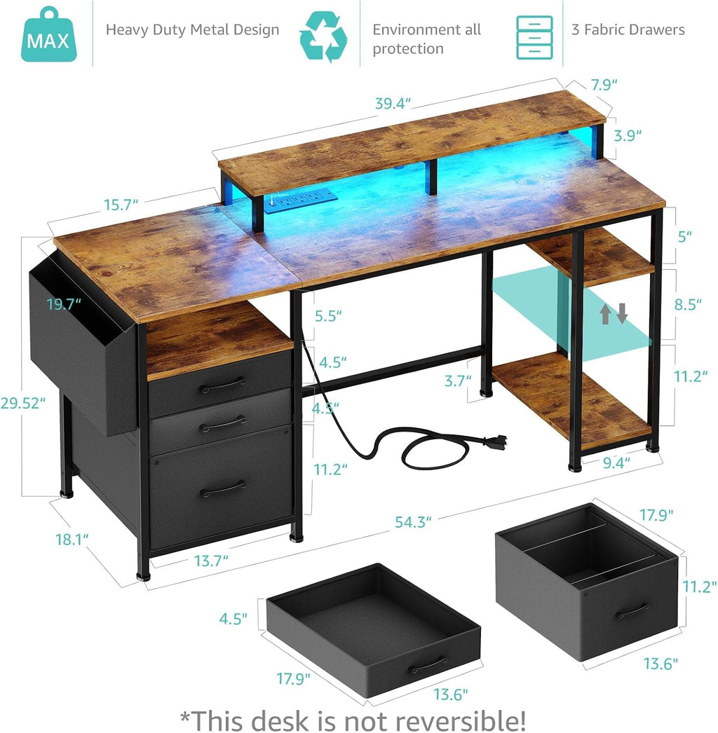 Gaming Desks with Led Lights and Power Outlets, 55 Inch Study Writing Computer Desk with Fabric File Drawers Cabinet