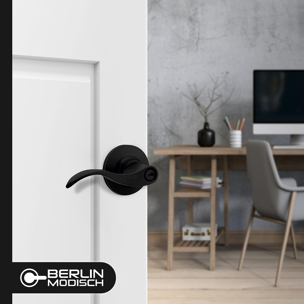 Entrance Lever Door Handle [Lock with Two Keys] or Front Door with a Iron Black Finish, Reversible for Right & Left
