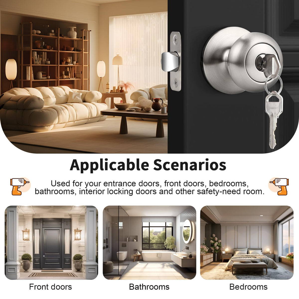 Entry Door Knobs with Lock, Keyed Alike Door Knobs for Interior Exterior Door, Brushed Nickel Modern Entrance Locks