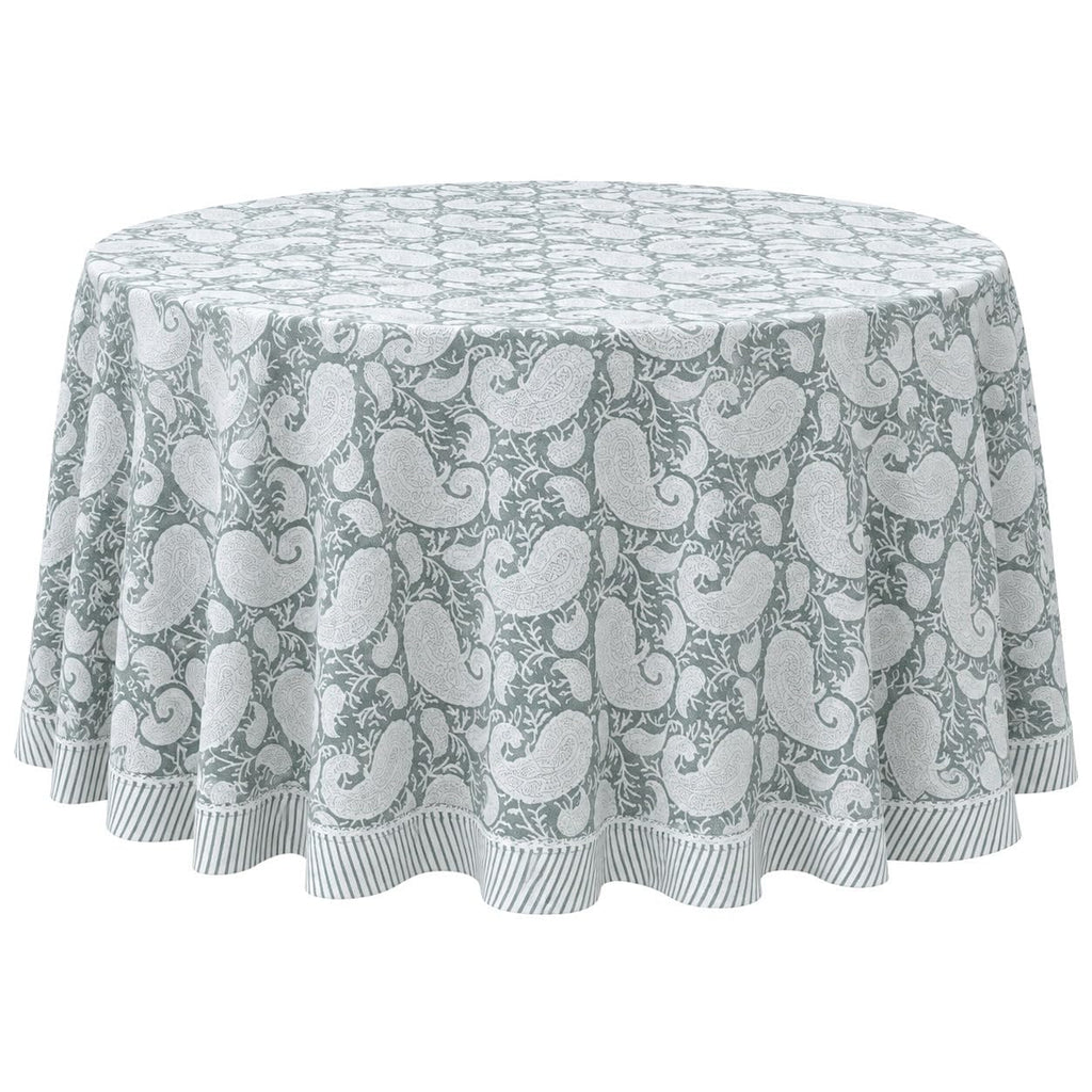 Hand Block Printed Round Tablecloth, Cyan Blue Floral Cotton Table Cover with Striped Border, Handmade Dining &
