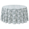 Hand Block Printed Round Tablecloth, Cyan Blue Floral Cotton Table Cover with Striped Border, Handmade Dining &