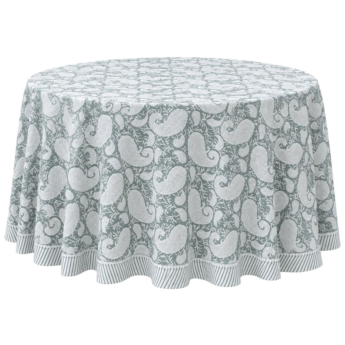 Hand Block Printed Round Tablecloth, Cyan Blue Floral Cotton Table Cover with Striped Border, Handmade Dining &