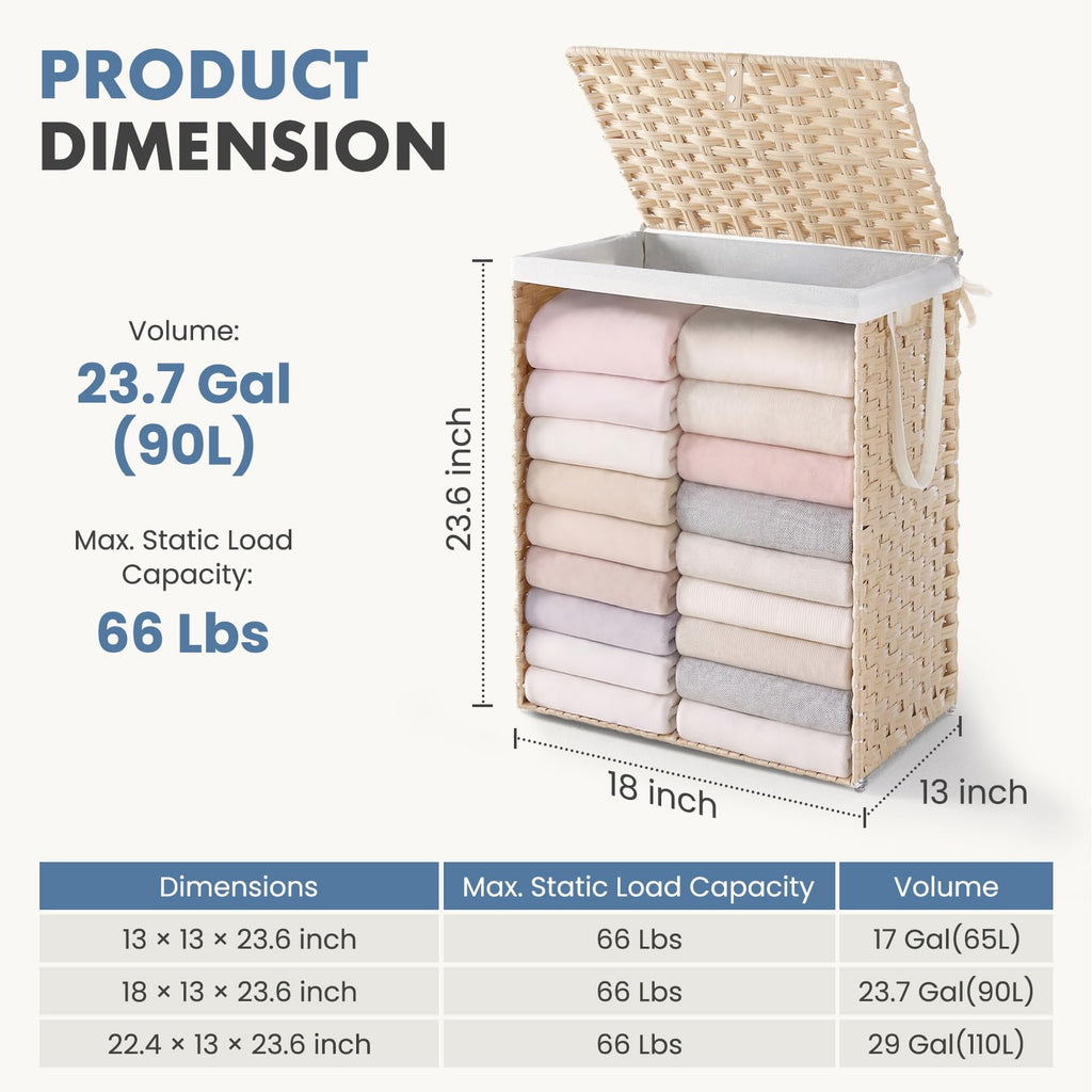 Laundry Basket with Lid, 90L Wicker Laundry Hampers, Summer Sand