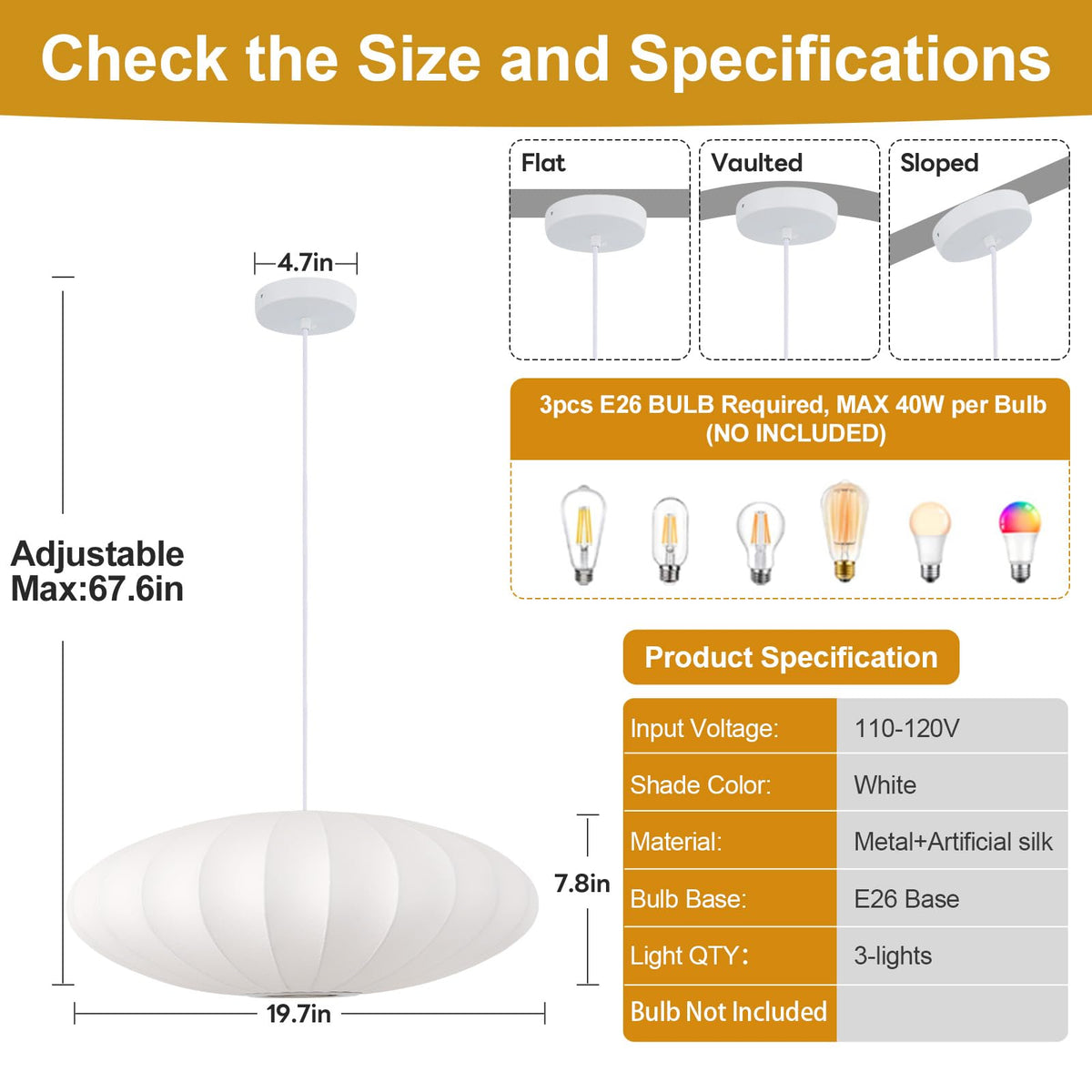 Inspired Nelson Style 3-Light Lantern Pendant Light 19.7in, Imitation Silk Bubble Lamp