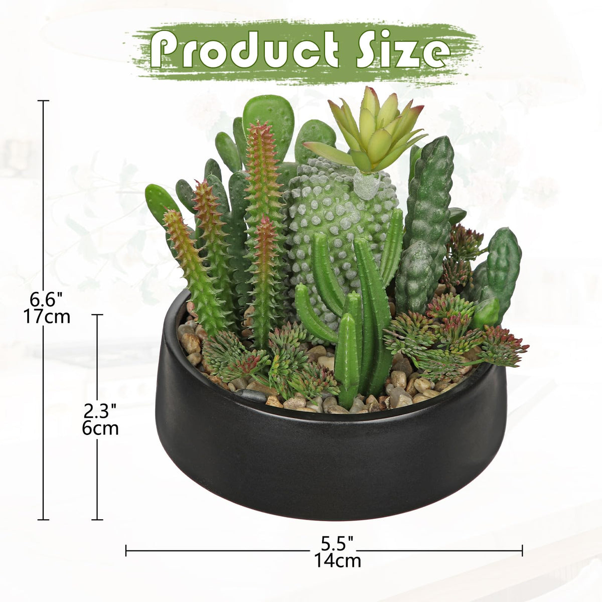 Artificial Cactus Plants in Pot 5.5 Inch Fake Succulents Arrangement Potted Plant in Black Ceramic Planter Bowl Desk