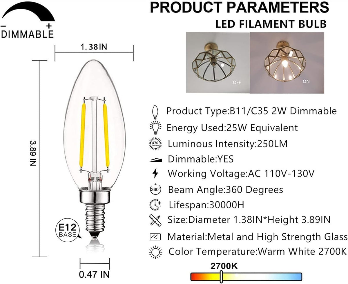 E12 Candelabra Bulb 25 Watt Equivalent E12 LED Bulb 2W 2700K