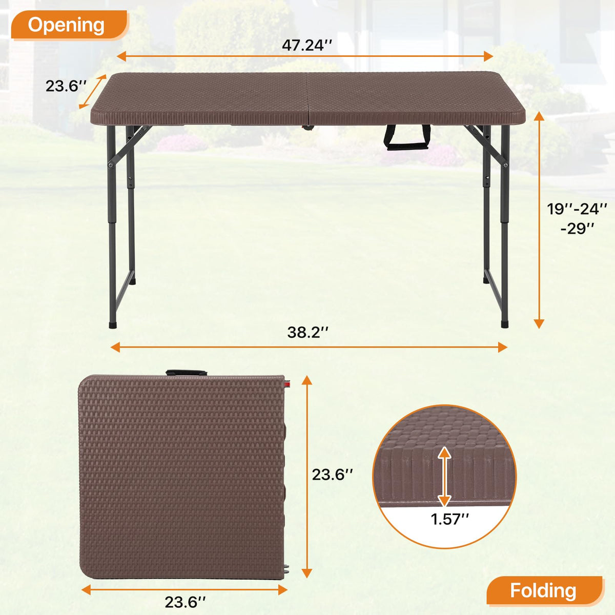 4 FT Folding Table, Heavy Duty Plastic Foldable Table with Carrying Handle, Adjustable Height Portable Party Tables