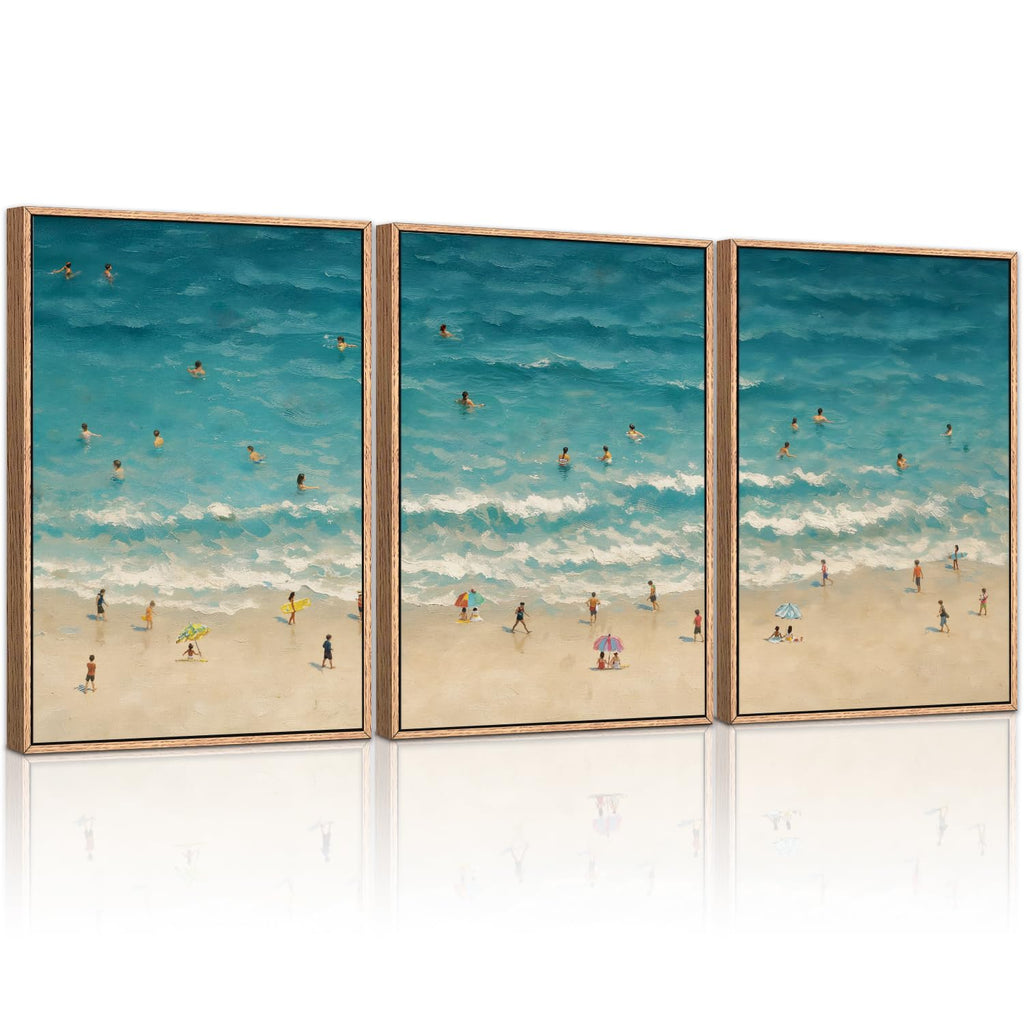 Summer Beach Canvas Wall Art, Modern Minimalist Coastal Landscape Wall Decor Set of 3(16"x24") Blue Abstract Ocean