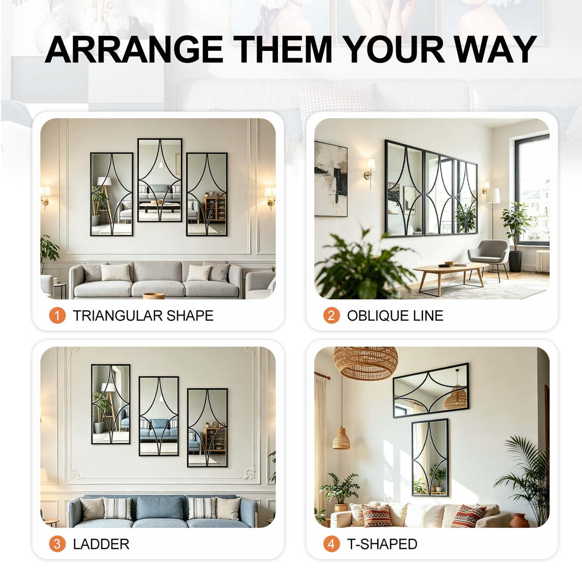 Set of 3 Black Wall Mirrors, Modern Geometric Decorative Mirror Set with Curved Line Design, Contemporary Wall Mirror