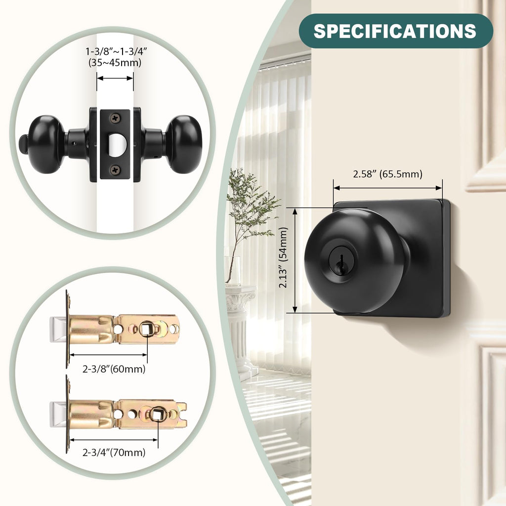Keyed Alike Entry Door Knobs with Lock and Keys, Matte Black Entry Door Lock Sets for Exterior & Interior Doors