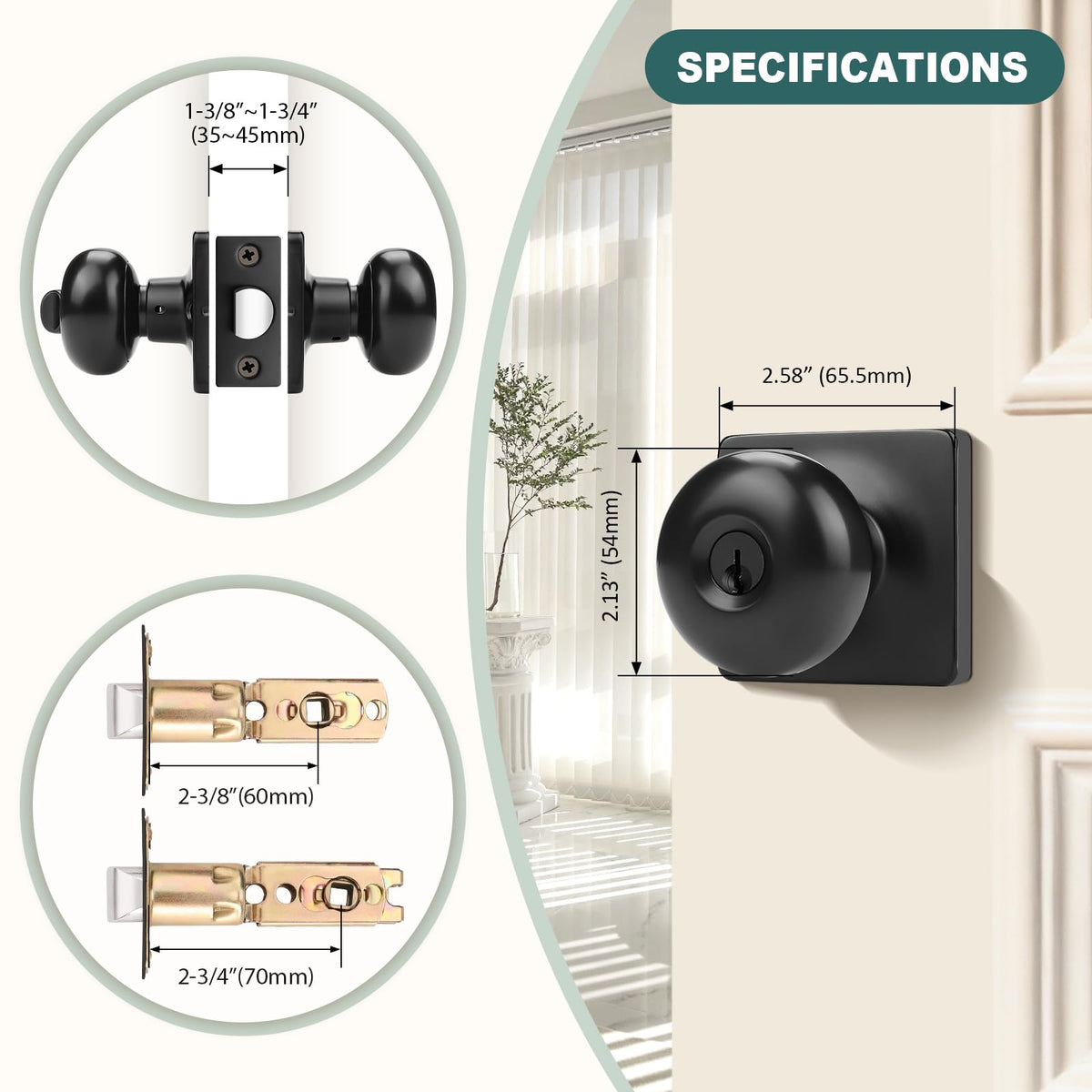 Keyed Alike Entry Door Knobs with Lock and Keys, Matte Black Entry Door Lock Sets for Exterior & Interior Doors