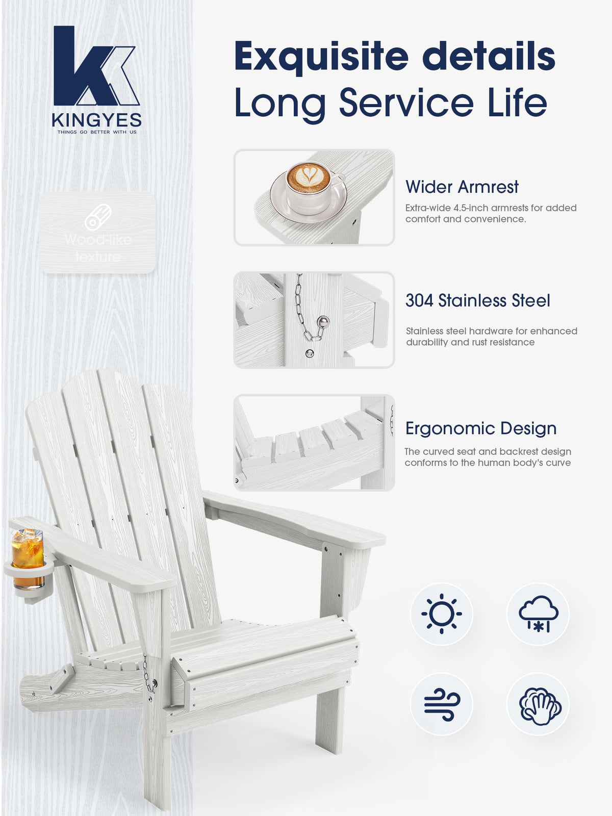 Folding Adirondack Chair Set of 2 with Cup Holder, White