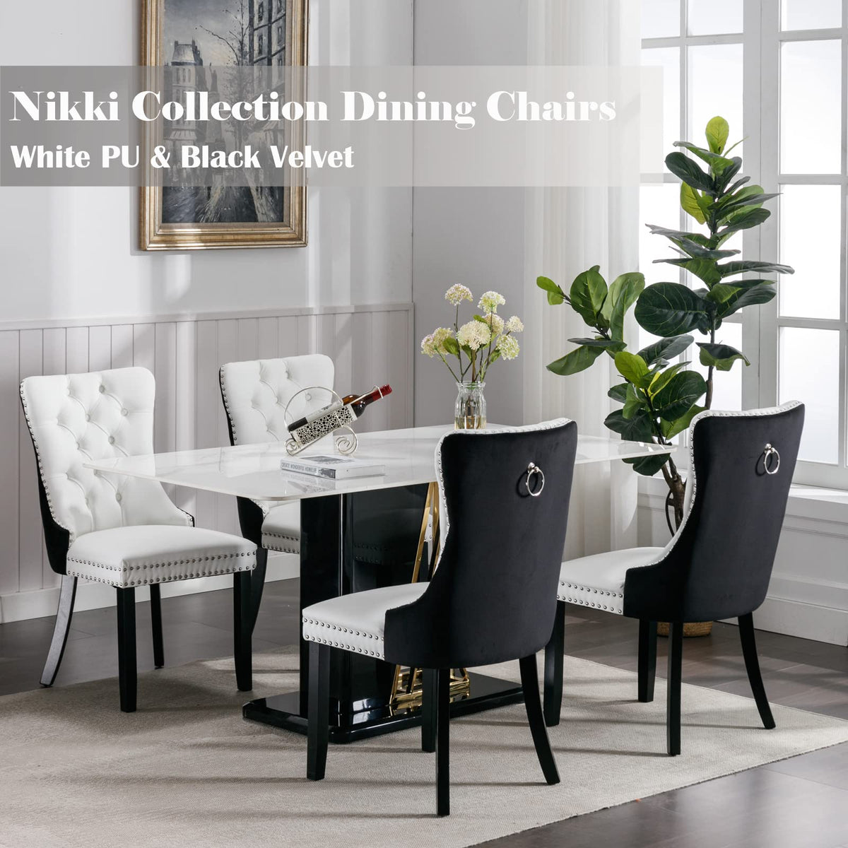 Black and White Dining Chairs Set of 4, Velvet Back, PU Leather Seat