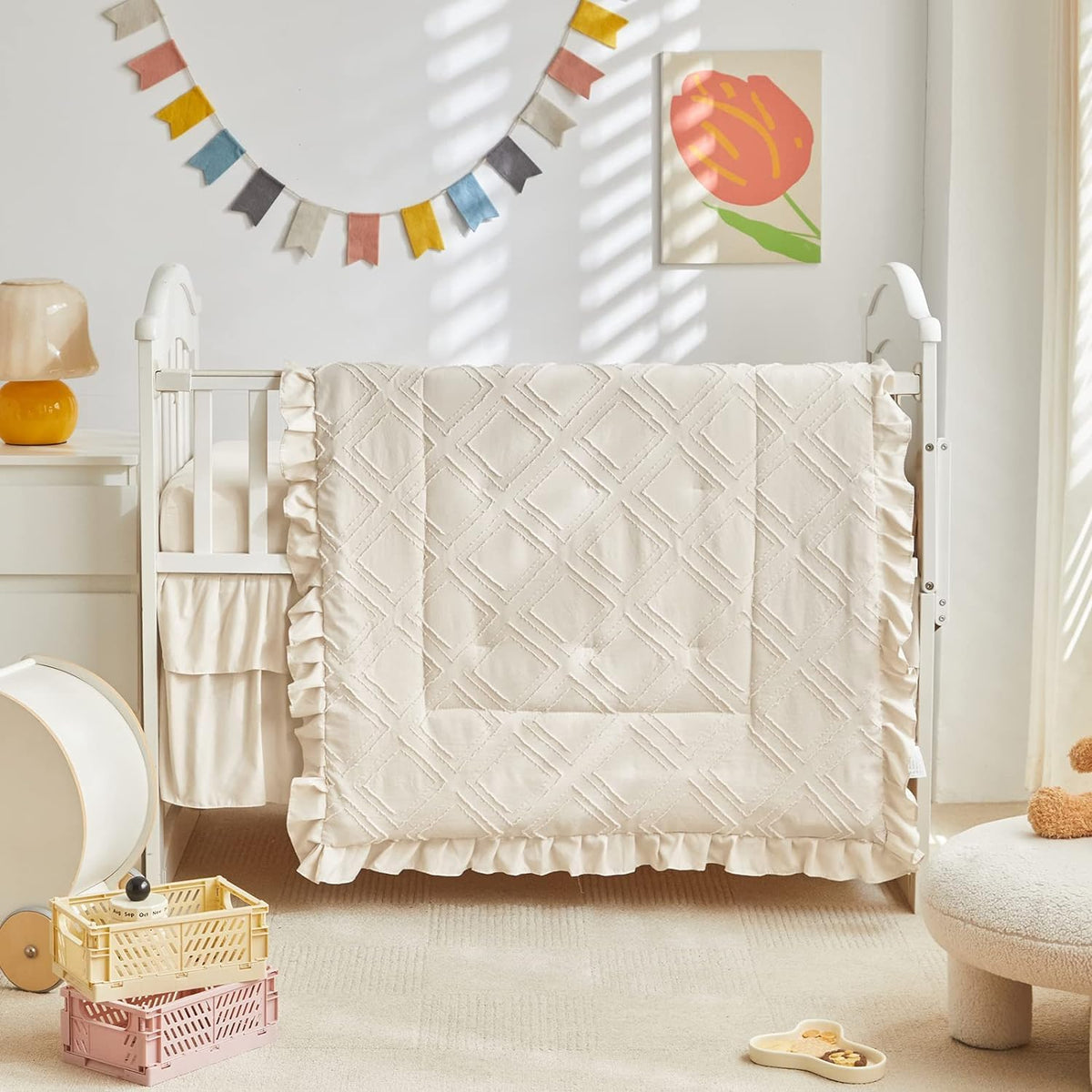 Mini Crib Bedding Set 3 Pieces Baby Boho Quilted Tufted Ruffles Comforter with Fitted Sheet and Ruffled Bed Skirt