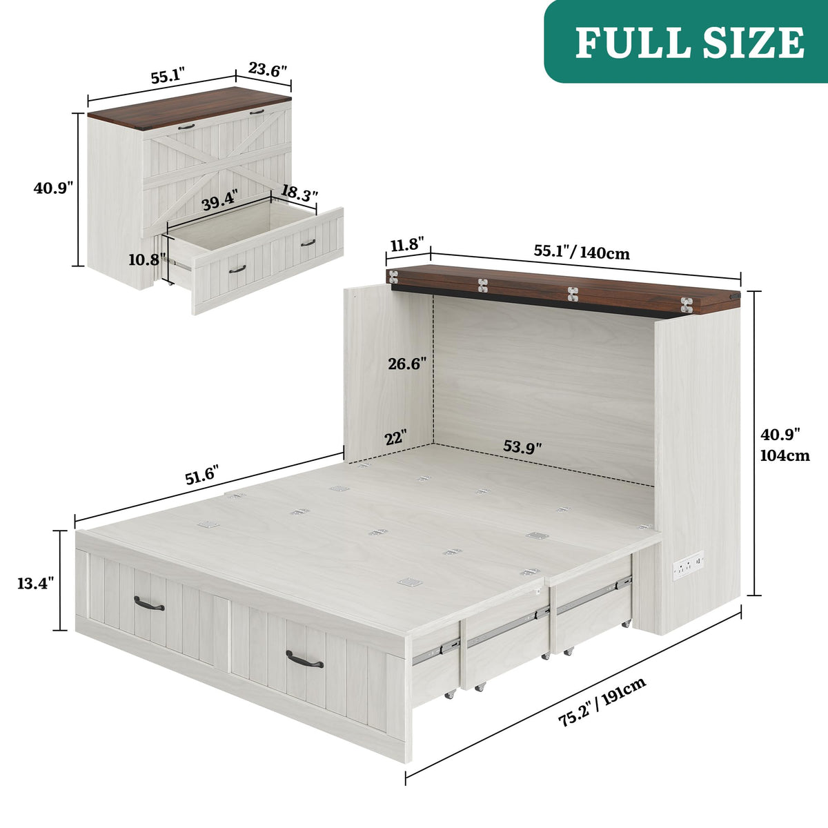 Full Size Murphy Bed with Charging Station & Large Storage Drawer