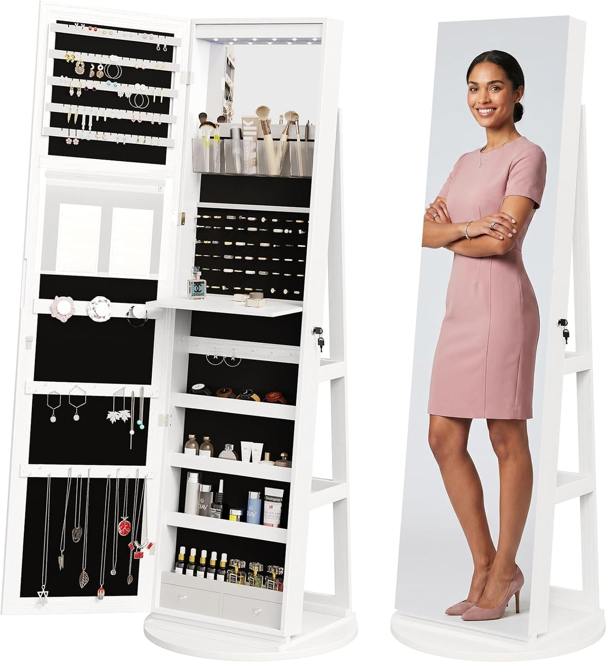 360° Rotating Jewelry Armoire with Full-Length Mirror & LED, Lockable Standing Organizer, Secure Storage