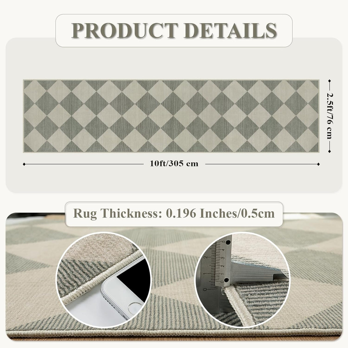 Checkered Print Rug Runners for Hallways, Green Kitchen Runner Rugs Non Skid Washable Ultra Thin Faux Wool