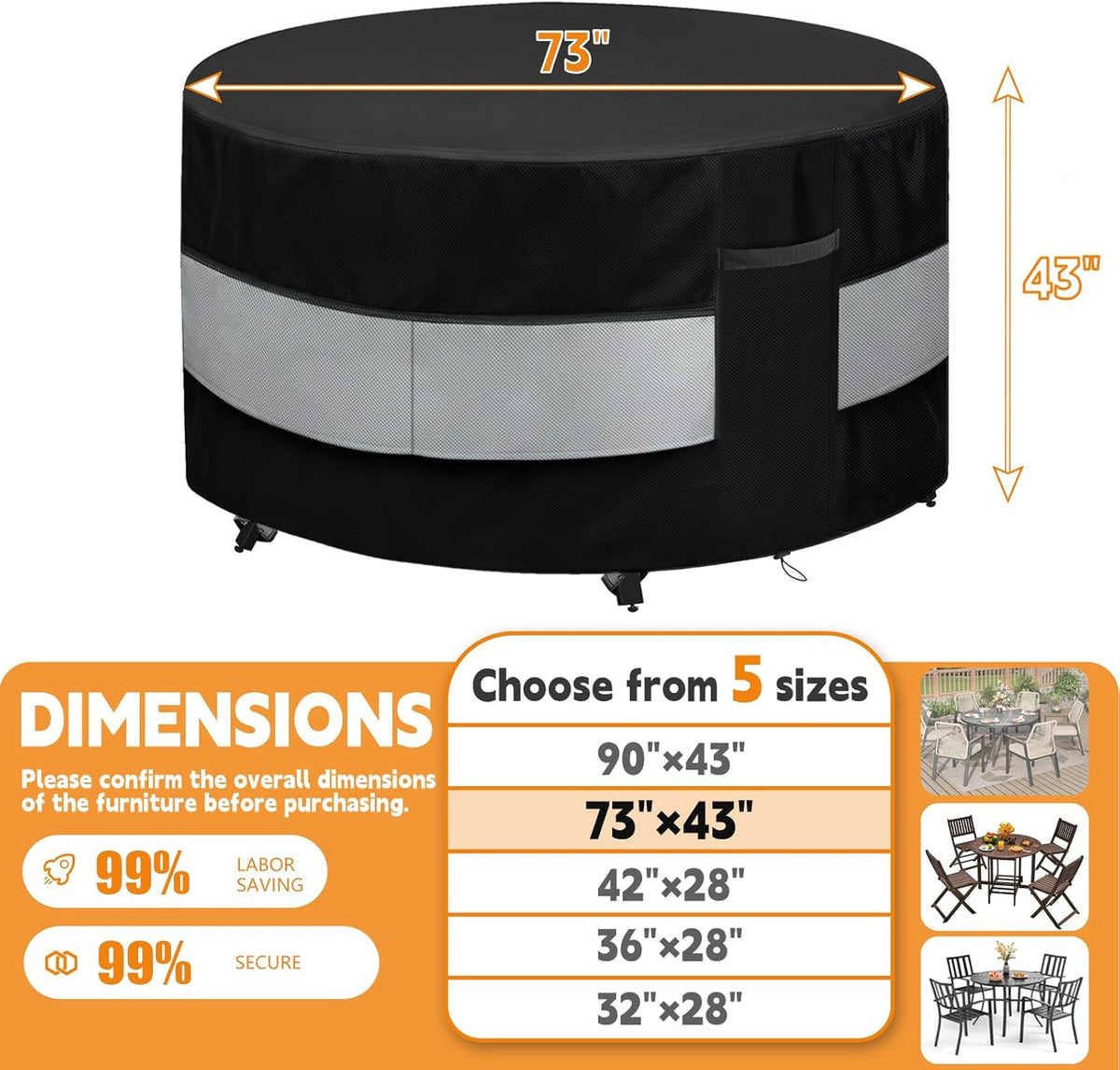 Round Patio Bar Height Table and Chair Cover Black Grey 73 x 43 Inch | Waterproof Up to 10000pa Outdoor Round