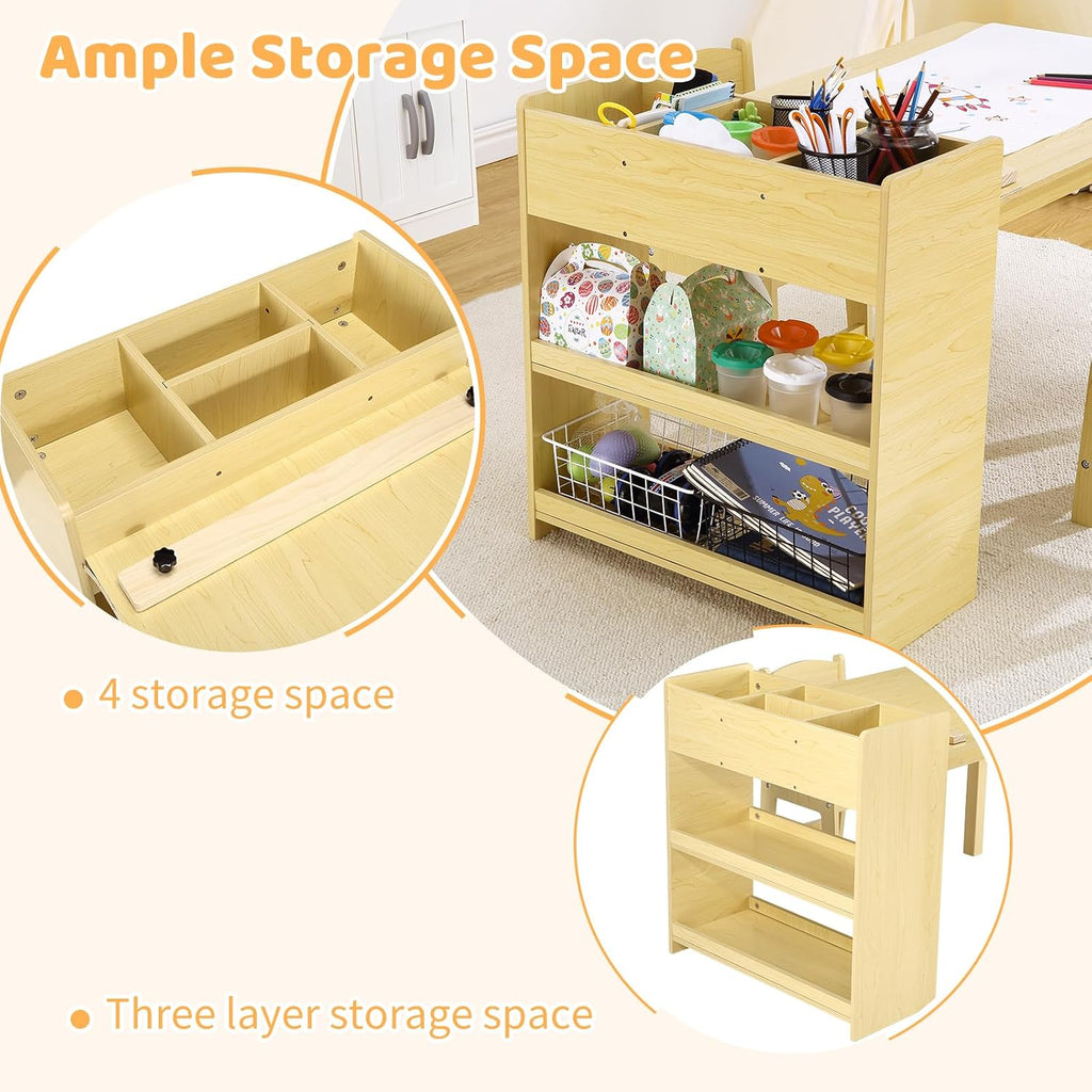 Kids Art Table with 2 Chairs Set, Toddler Craft Desk with Storage Shelves, Drawing Table with Paper Roller Yellow