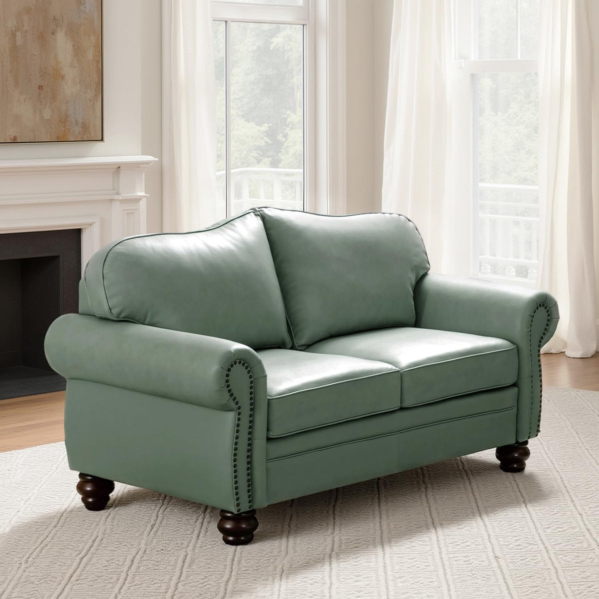 60" Wide Genuine Leather Chesterfield Loveseat, 2 Seat Leather Sofa with Rolled Arms, Nailhead Trim Furniture, Easy