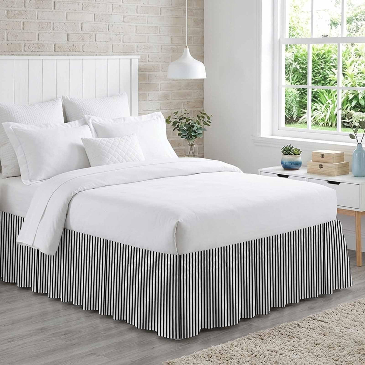Black White Vertical Striped Bed Skirt 16 Inch Drop, Adjustable & Elastic Wrap Around Bed Skirts Pleated