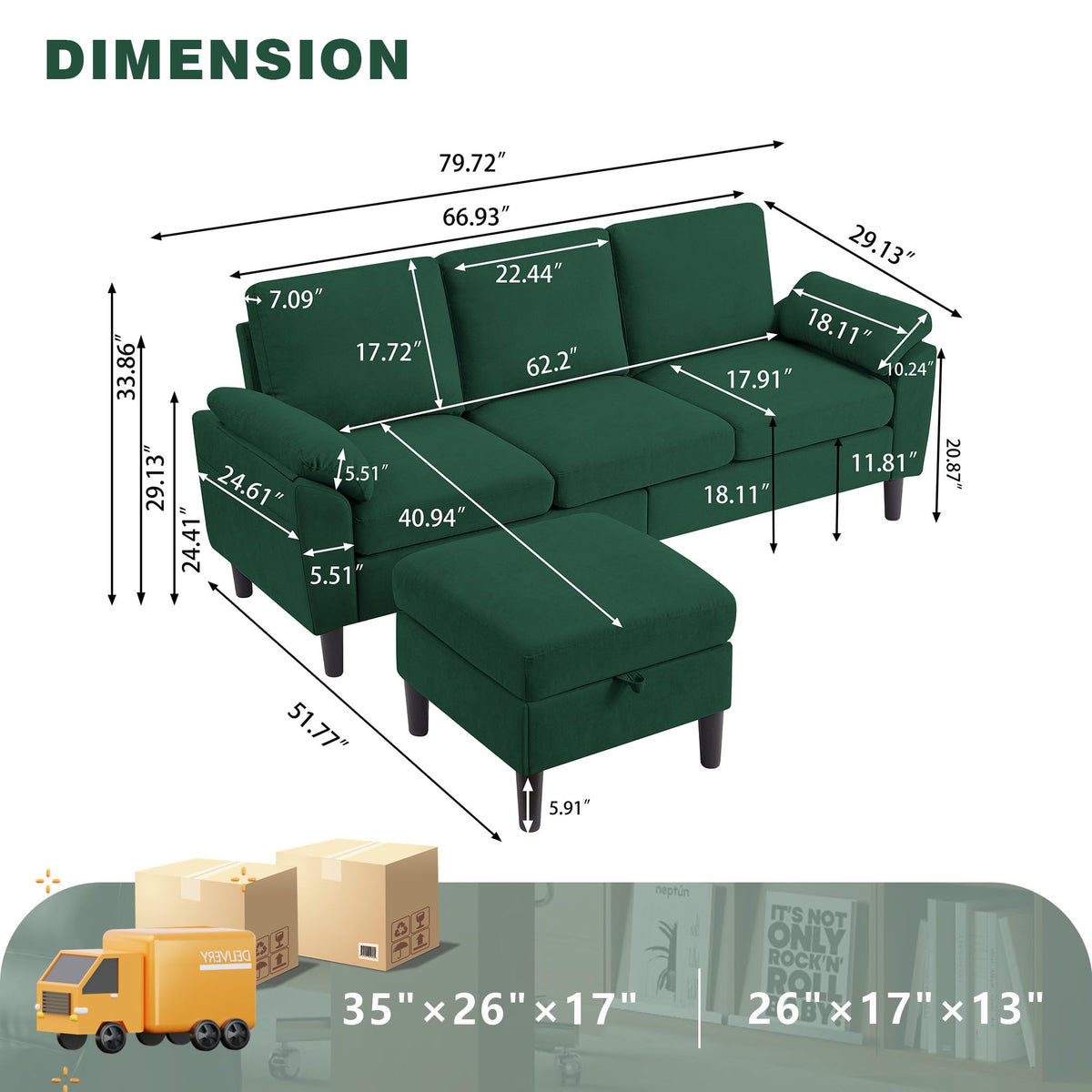 80" Convertible Sectional Sofa, Small L Shaped 3 Seat Couch with Reversible Storage Chaise, Modern Polyester Fabric