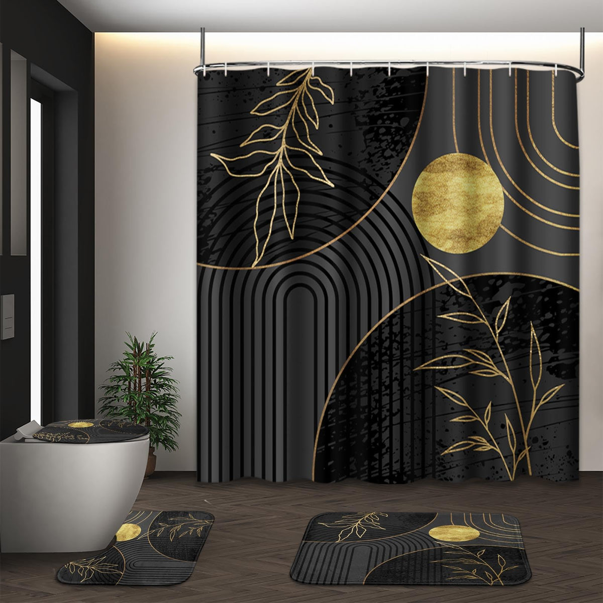 Bathroom Sets with Shower Curtain and Rugs, Set of 4 Mid Boho