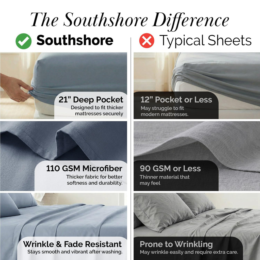 Embroidered Hem Deep Pocket Sheet Set Soft 2 Pillow Cases Slate Blue