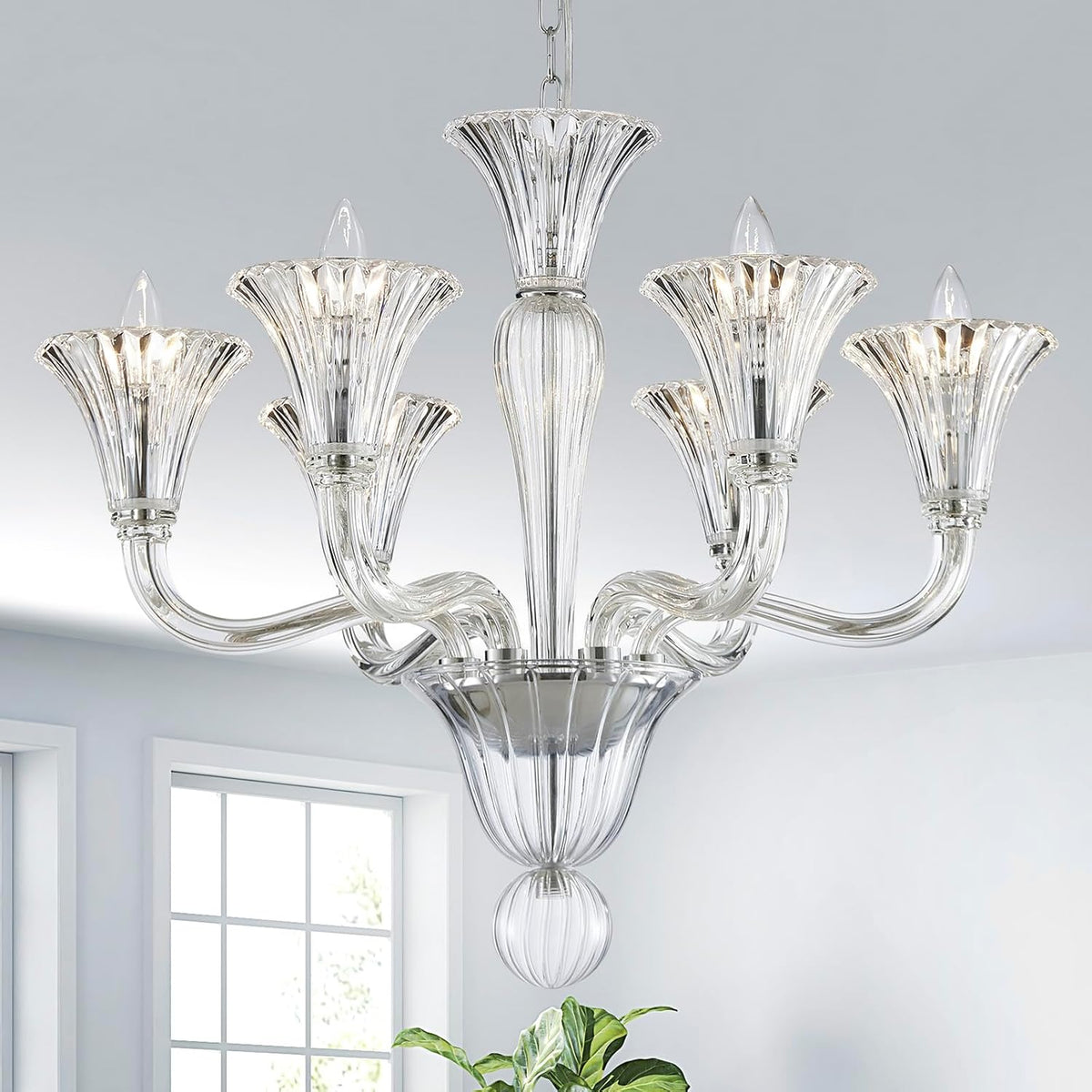 Six-Light Modern Crystal Chandelier with Layered Clear Pendants
