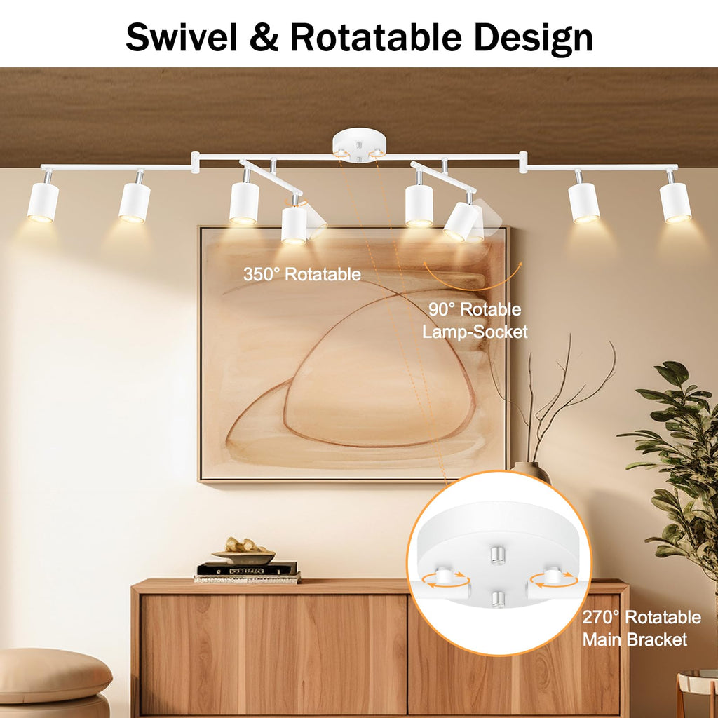 LED 8 Light Track Lighting Kit, White 8 Way Ceiling Spot Lighting, Flexibly Rotatable Light Head, GU10 Bulb Not