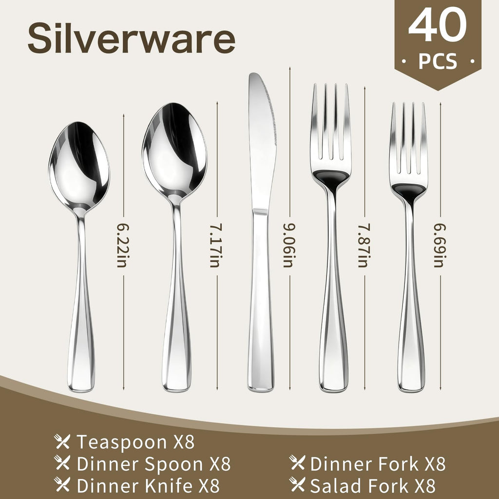 40 Piece Silverware Set - Stainless Steel Silverware Set Service for 8 People, Mirror Polished Flatware Set for Daily