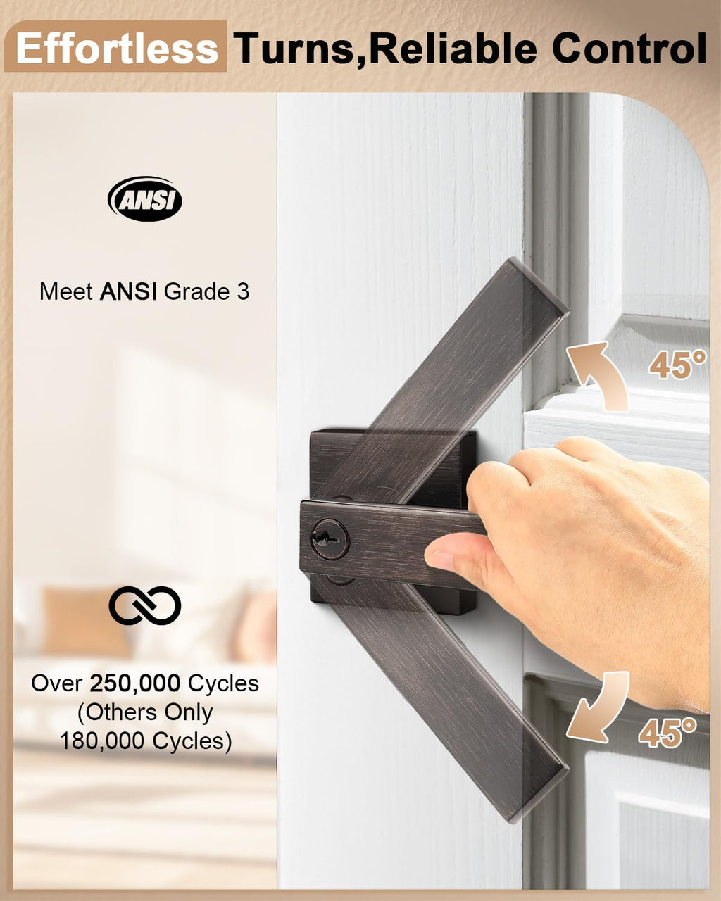 Heavy Duty Square Keyed Door Lever with Lock and Key, Oil Rubbed Bronze Entrance Door Handle for Exterior or Interior