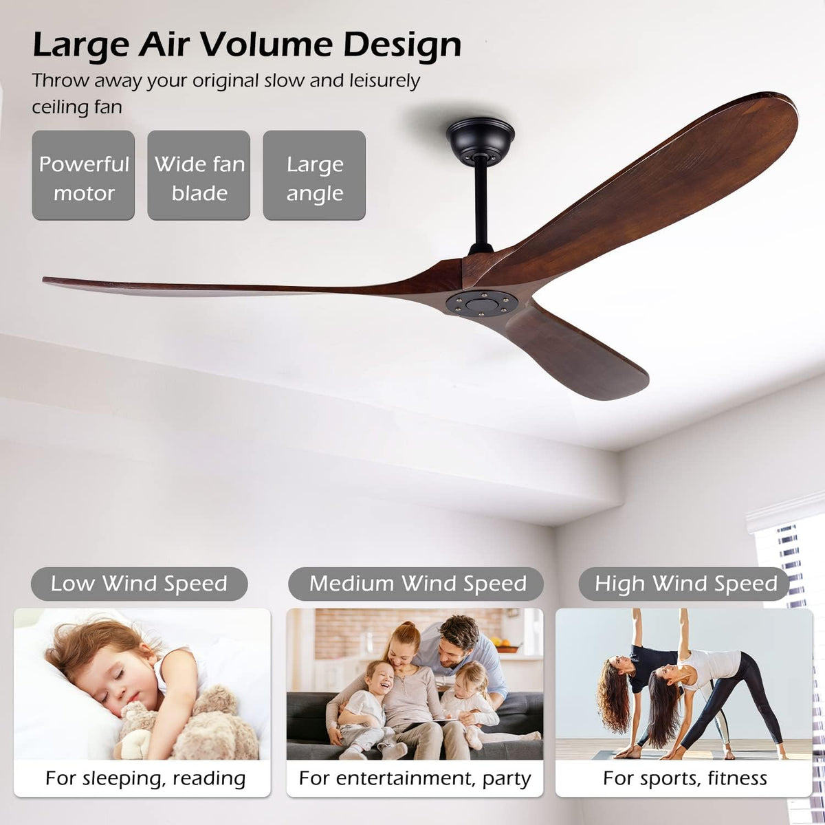 72" Wood Outdoor Ceiling Fan, No Light