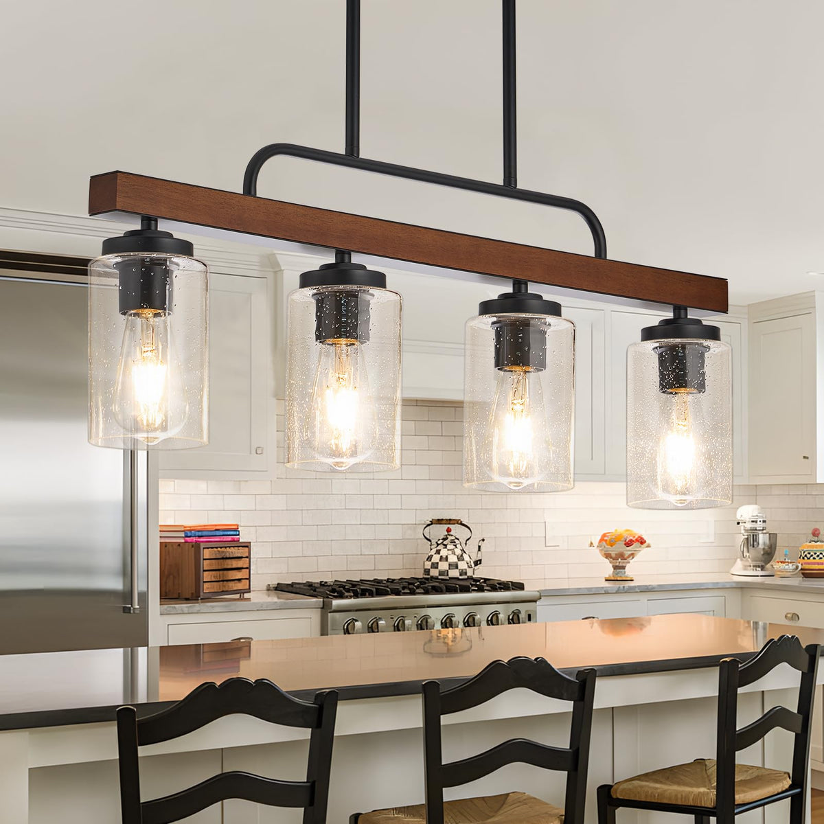 Wood Kitchen Island Lighting, Seeded Glass Dining Room Light