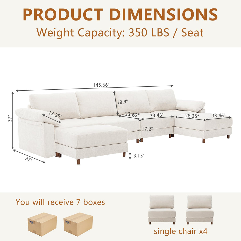 145'' Oversized L Shape Modular Cloud Sectional Sofa, Deep Seat Sofa, Beige