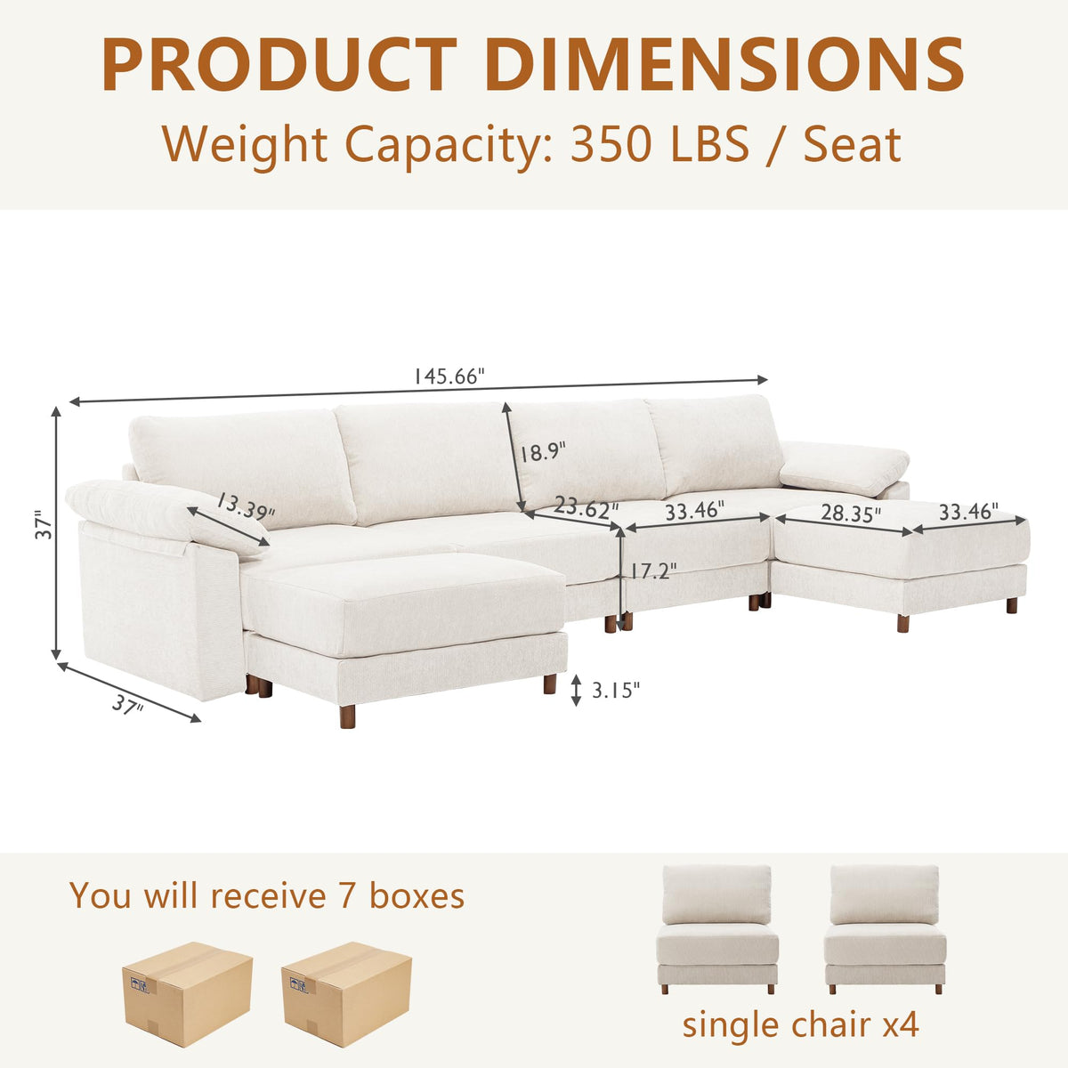 145'' Oversized L Shape Modular Cloud Sectional Sofa, Deep Seat Sofa, Beige