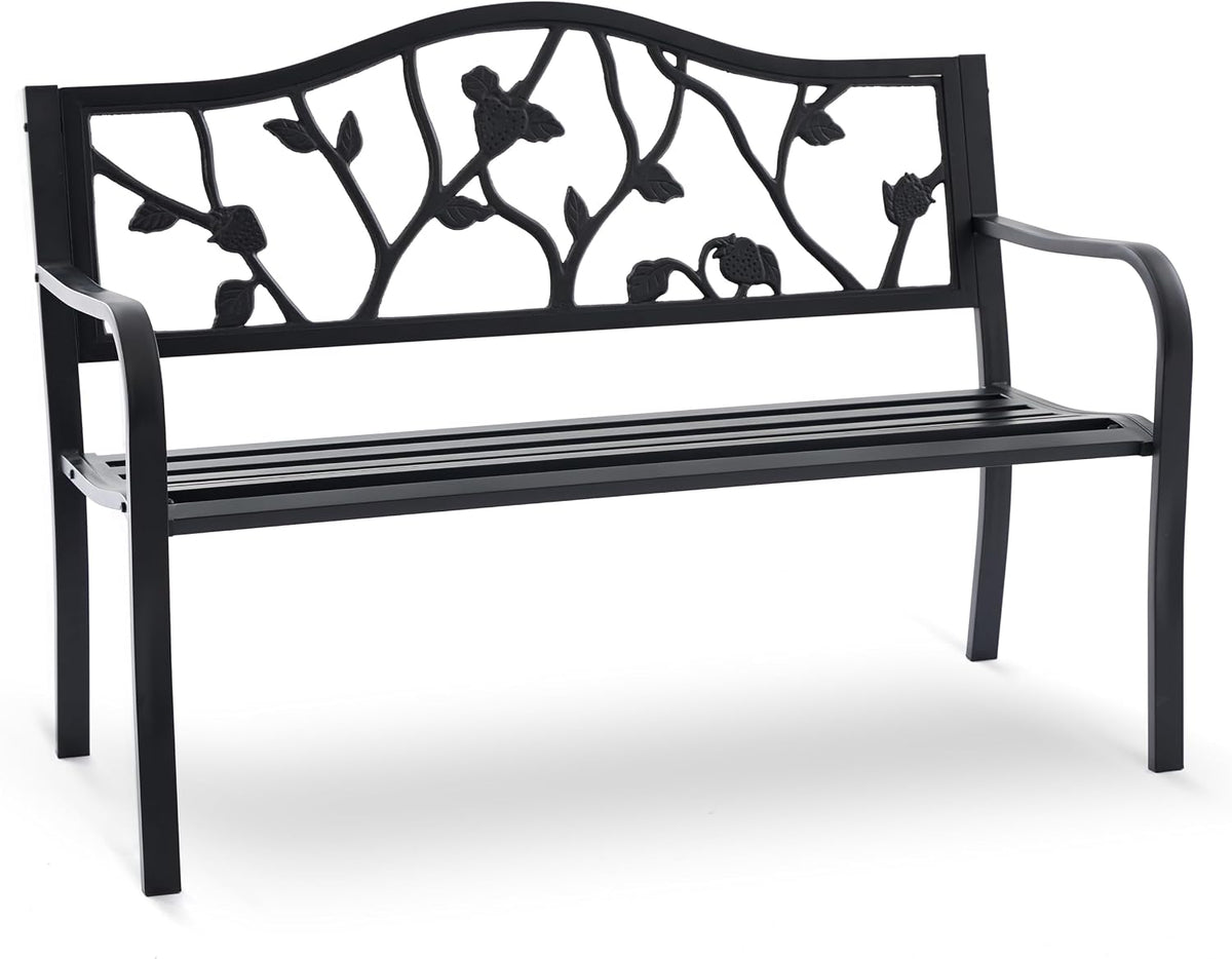 50" Strawberry Outdoor Garden Bench, Weatherproof Sturdy Cast Iron Metal Frame Patio Park Bench for Porch Yard Lawn